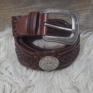Vintage leather rodeo concho western belt Brown Weave Silver Medallion XL/44.5